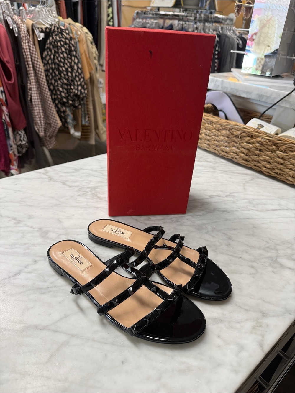 Valentino NIB Black Patent Rockstud Slip on Sandal Size 39